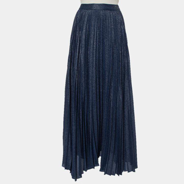 Pre Owned Alice + Olivia Navy Blue Silk Jacquard Pleated Katz Maxi Skirt M  