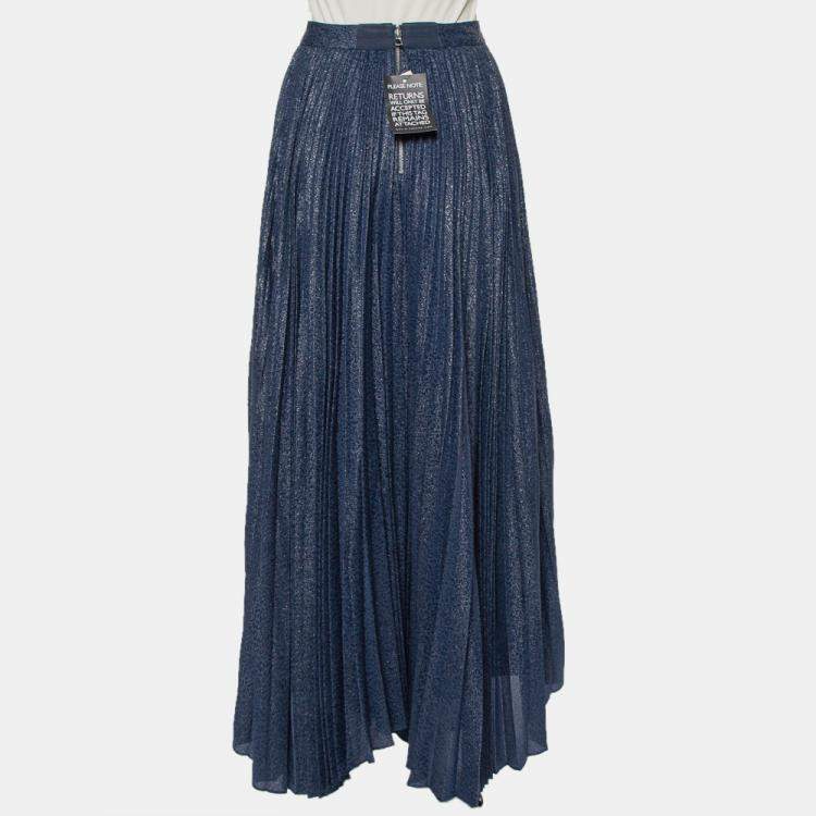 Pre Owned Alice + Olivia Navy Blue Silk Jacquard Pleated Katz Maxi Skirt M  