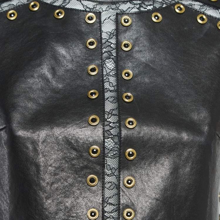 Pre Owned Alice + Olivia Black Lace Trim Leather Studded Crop Top XS