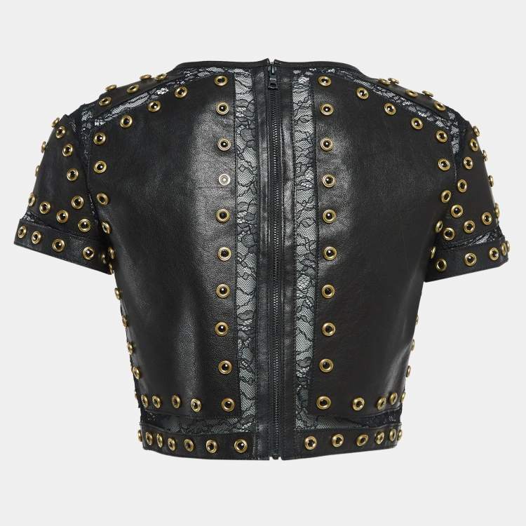 Pre Owned Alice + Olivia Black Lace Trim Leather Studded Crop Top XS
