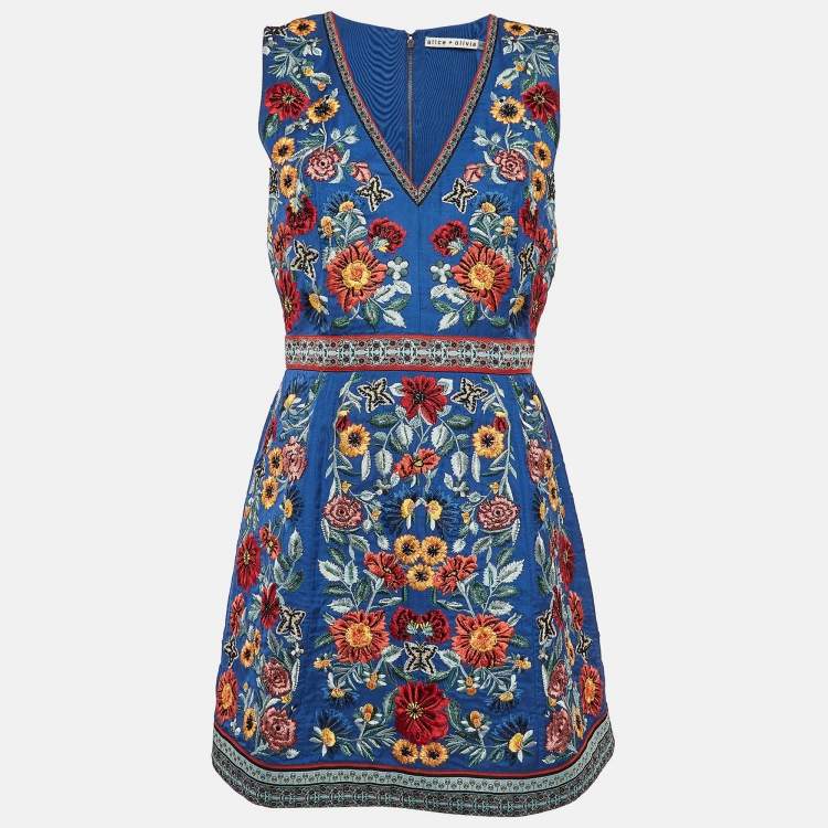 Pre Owned Alice + Olivia Blue Floral Beaded Embroidery Crepe Mini Dress M