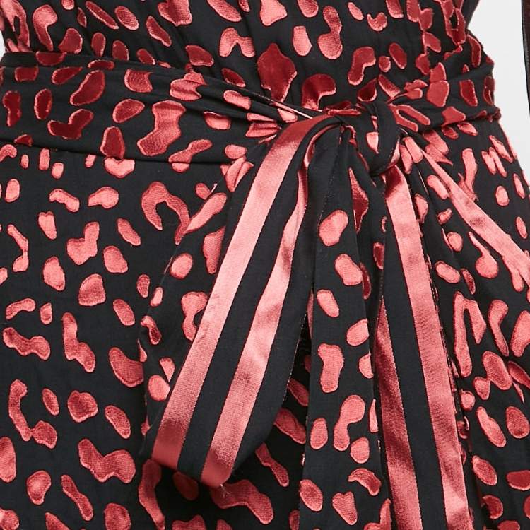 مملوكة مسبقًا Alice + Olivia Black/Pink Leopard Fil-coupe and Striped Silk Blend Midi Wrap Dress L