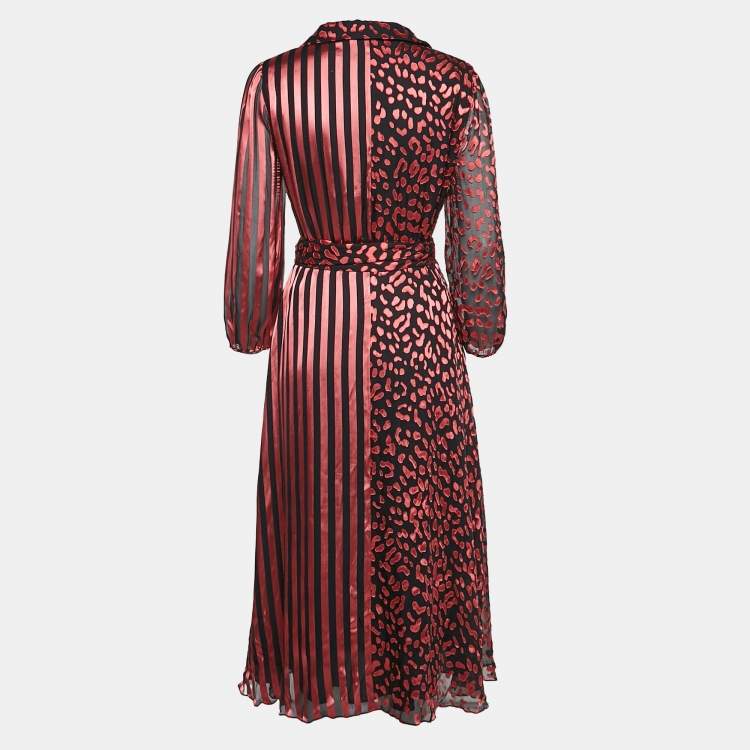مملوكة مسبقًا Alice + Olivia Black/Pink Leopard Fil-coupe and Striped Silk Blend Midi Wrap Dress L
