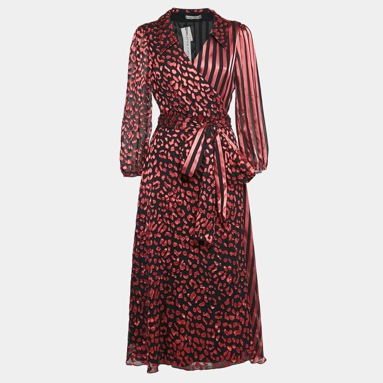 مملوكة مسبقًا Alice + Olivia Black/Pink Leopard Fil-coupe and Striped Silk Blend Midi Wrap Dress L