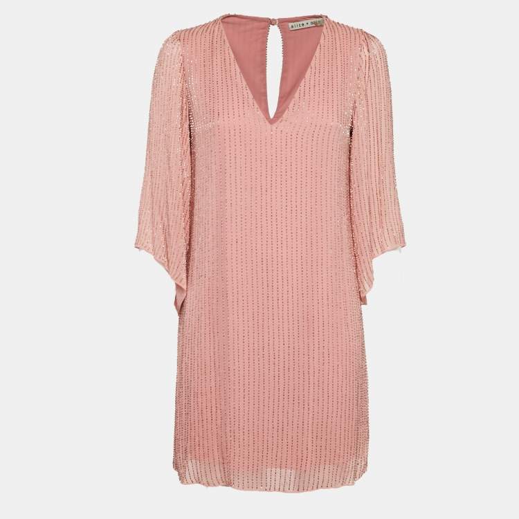 Pre Owned Alice + Olivia Pink Embellished Crepe V-Neck Mini Dress S