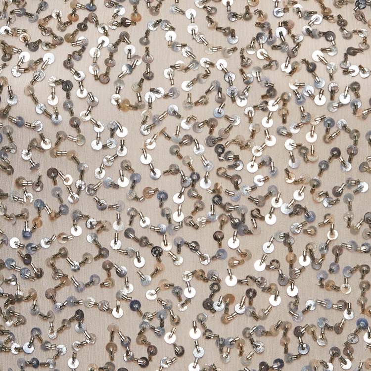 Pre Owned Alice + Olivia Beige Sequin and Beads Embellished Chiffon Sleeveless Top M