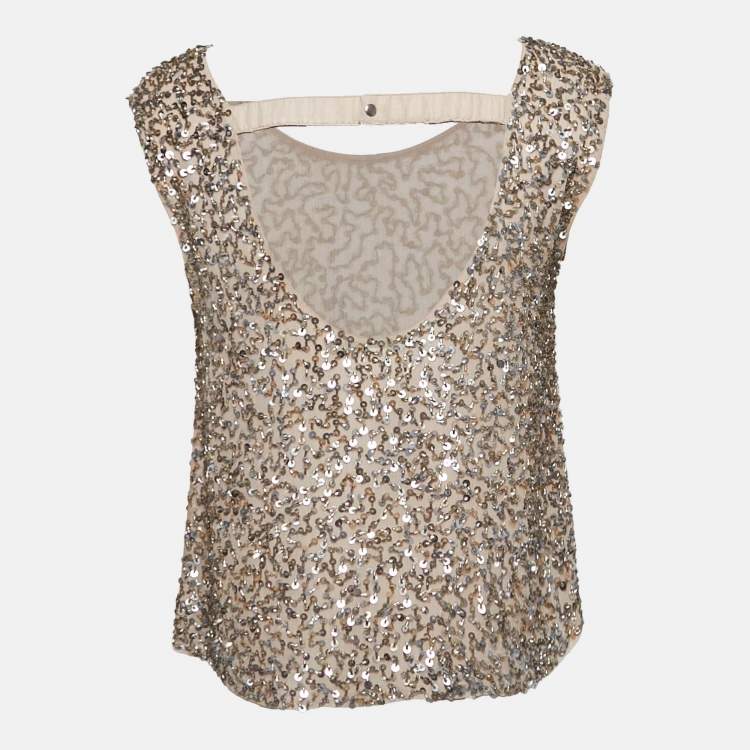 Pre Owned Alice + Olivia Beige Sequin and Beads Embellished Chiffon Sleeveless Top M