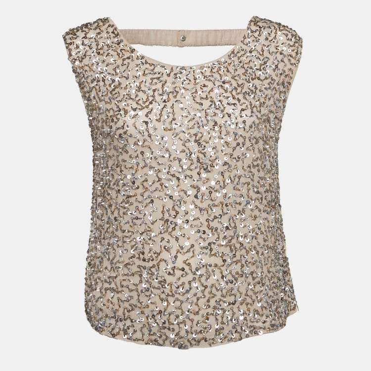 Pre Owned Alice + Olivia Beige Sequin and Beads Embellished Chiffon Sleeveless Top M