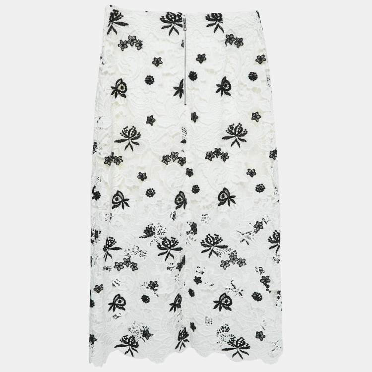 Pre Owned Alice + Olivia White Floral Pattern Lace Midi Skirt M
