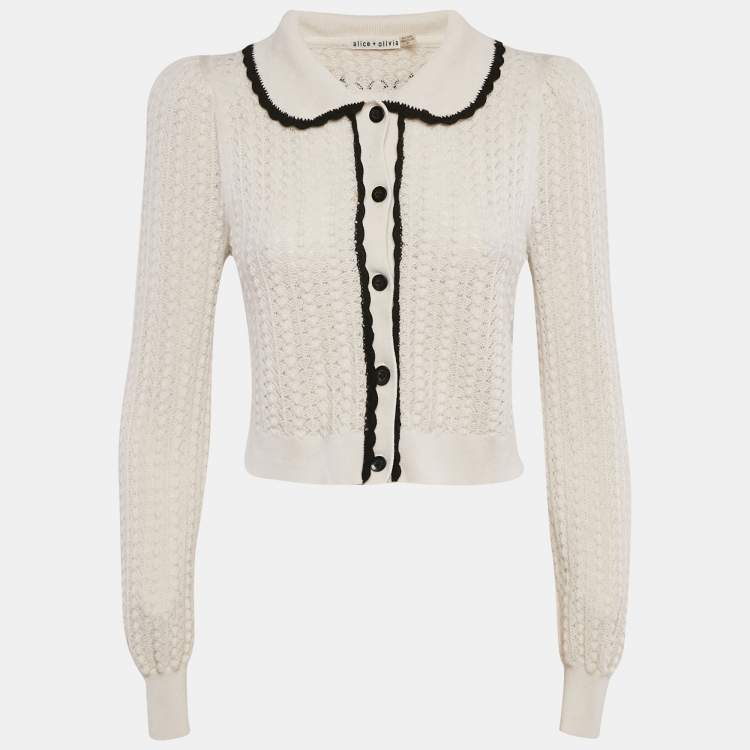 Pre Owned Alice + Olivia Ivory Wool Crochet Knit Goldie Button Front Cardigan S