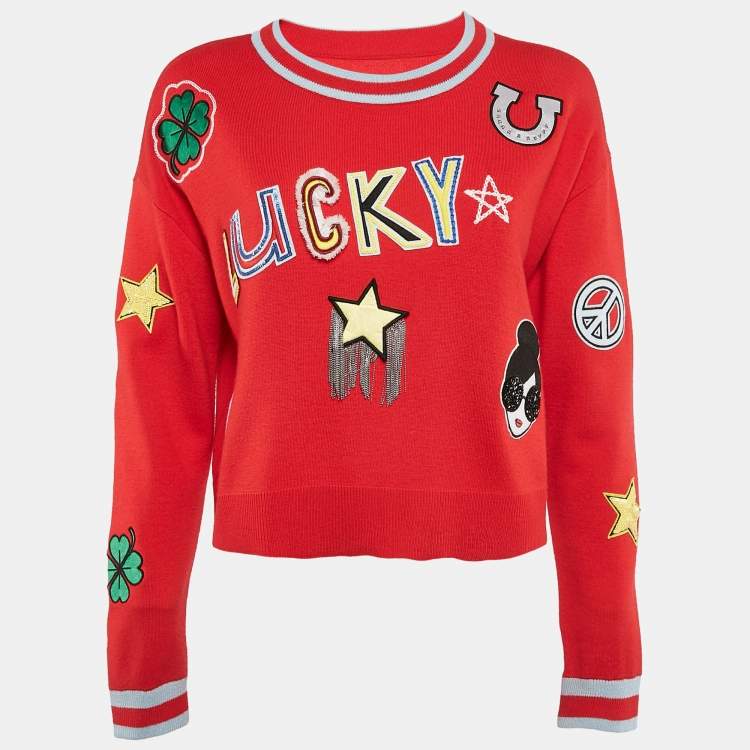 Pre Owned Alice + Olivia Red Wool Applique Detail Gleeson Jumper L