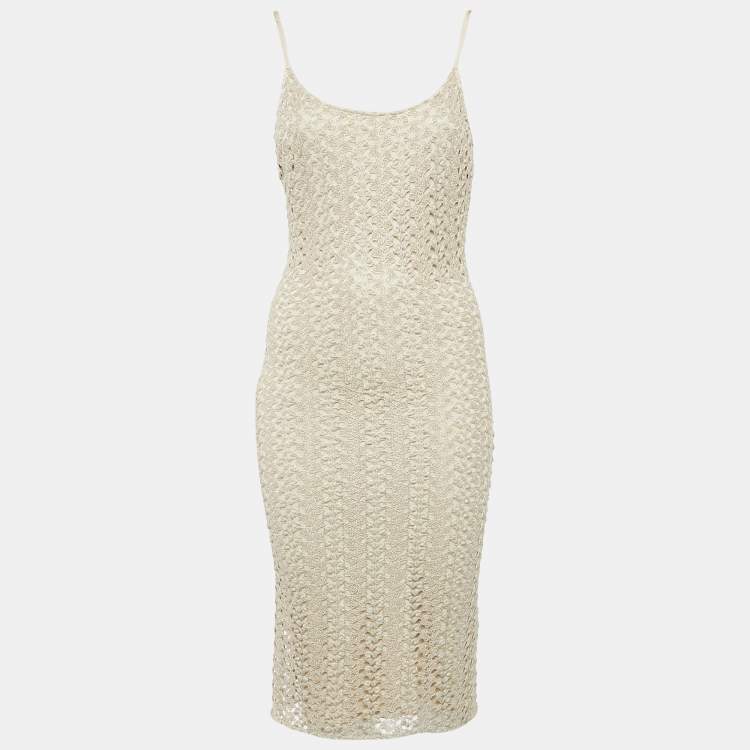 Pre Owned Alice + Olivia Light Gold Crochet Knit Midi Dress S