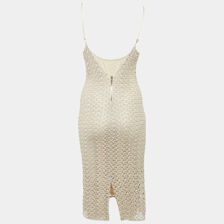 Pre Owned Alice + Olivia Light Gold Crochet Knit Midi Dress S
