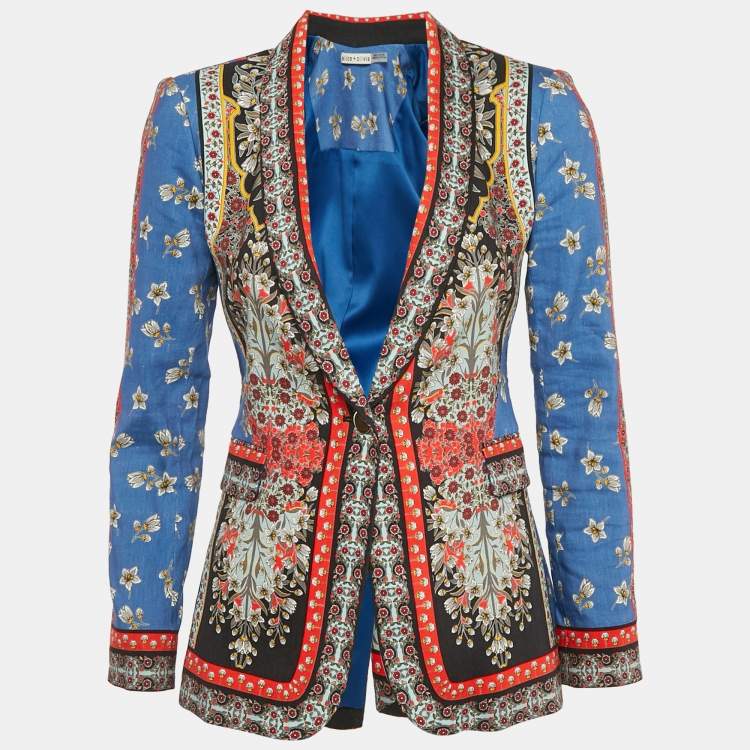 Pre Owned Alice + Olivia Blue/Multicolor Daffodil Scarf Print Linen Blend Macey Blazer S