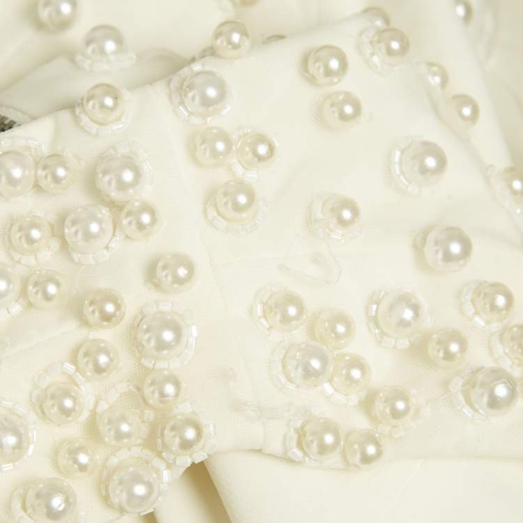 Pre Owned Alice + Olivia White Beads Embroidered Tulle Flared Mini Dress L