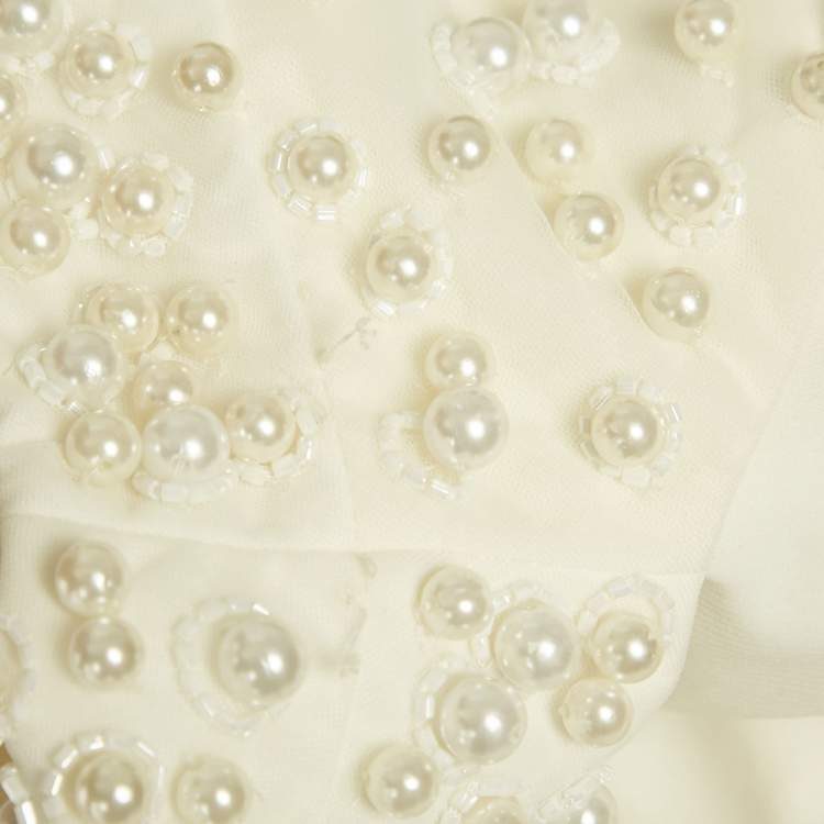Pre Owned Alice + Olivia White Beads Embroidered Tulle Flared Mini Dress L