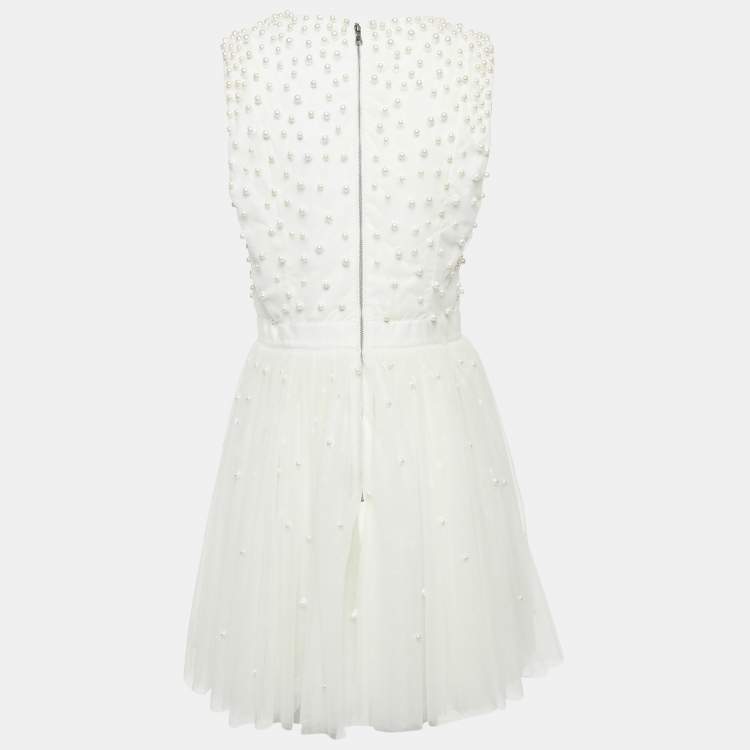 Pre Owned Alice + Olivia White Beads Embroidered Tulle Flared Mini Dress L
