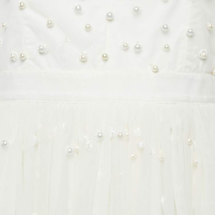 Pre Owned Alice + Olivia White Beads Embroidered Tulle Flared Mini Dress L