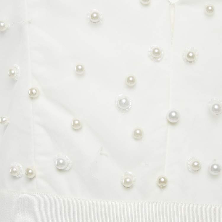 Pre Owned Alice + Olivia White Beads Embroidered Tulle Flared Mini Dress L