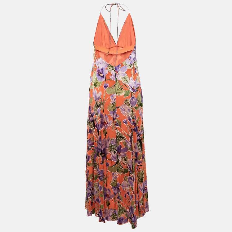 Pre Owned Alice + Olivia Orange Floral Print Chiffon Halter Neck Maxi Dress M
