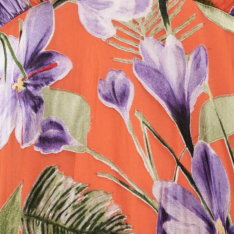 Pre Owned Alice + Olivia Orange Floral Print Chiffon Halter Neck Maxi Dress M
