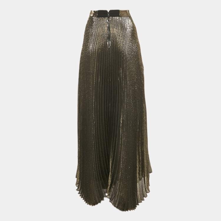 Pre Owned Alice + Olivia Metallic Lamé Silk Plisse Maxi Skirt S
