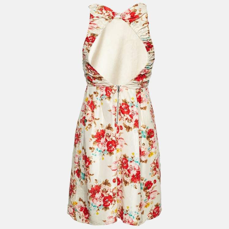 Pre Owned Alice + Olivia White Floral Print Crepe Pleated Sleeveless Mini Dress S
