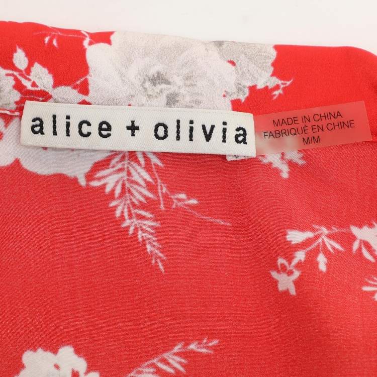 Pre Owned Alice + Olivia Red/White Floral Print Silk Top M