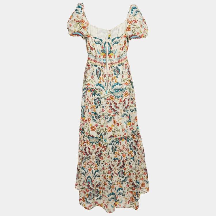 Pre Owned Alice + Olivia White Floral Print Smocked Long Dress M