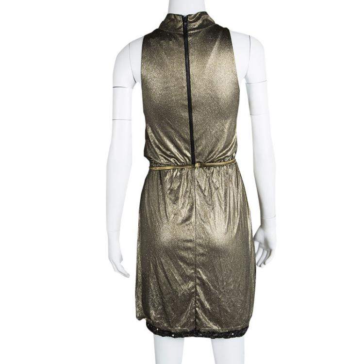 Pre Owned Alice + Olivia Metallic Gold Sleeveless Belted Estelle Dress  XS