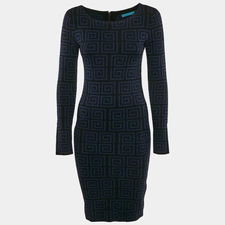 Pre Owned Alice + Olivia Blue/Black Patterned Wool Knit Knee-Length Dress M
