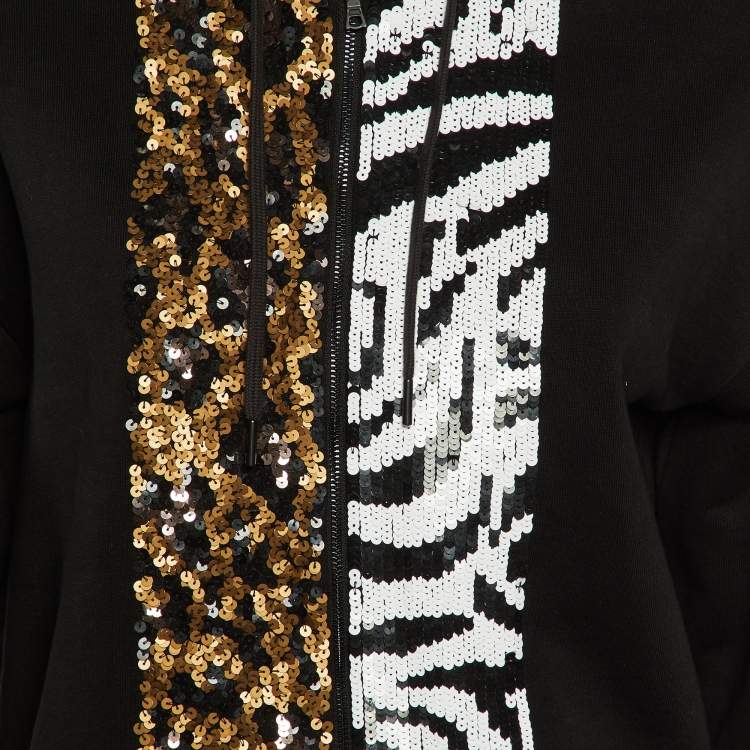 مملوكة مسبقًا Alice + Olivia Jeans Black Cotton Knit Embellished Zip Front Hoodie M