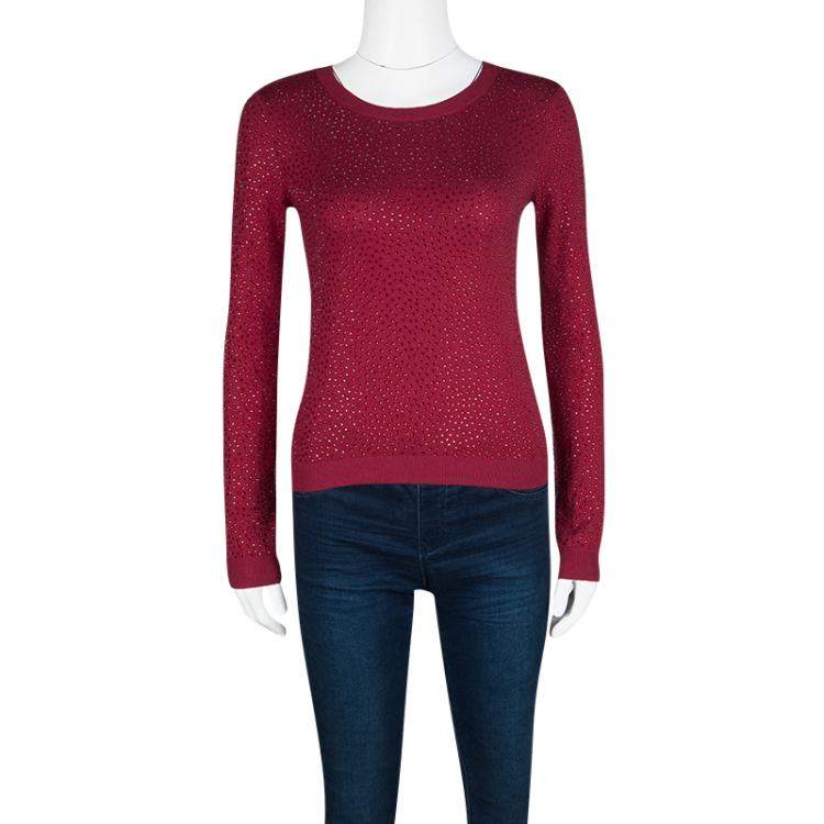 Pre Owned Alice + Olivia Red Knit Hot Fix Crystal Embellished Cropped Sweater XS