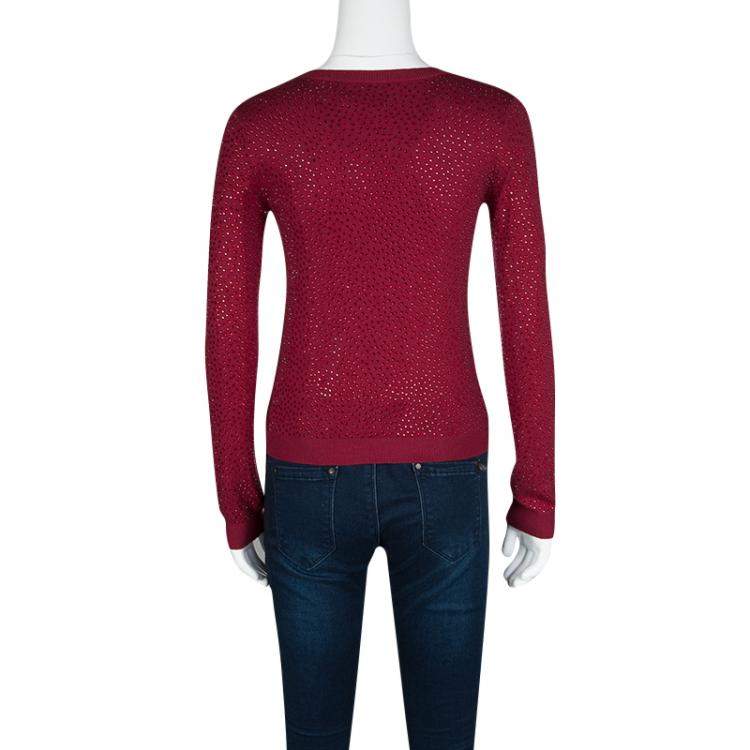 Pre Owned Alice + Olivia Red Knit Hot Fix Crystal Embellished Cropped Sweater XS