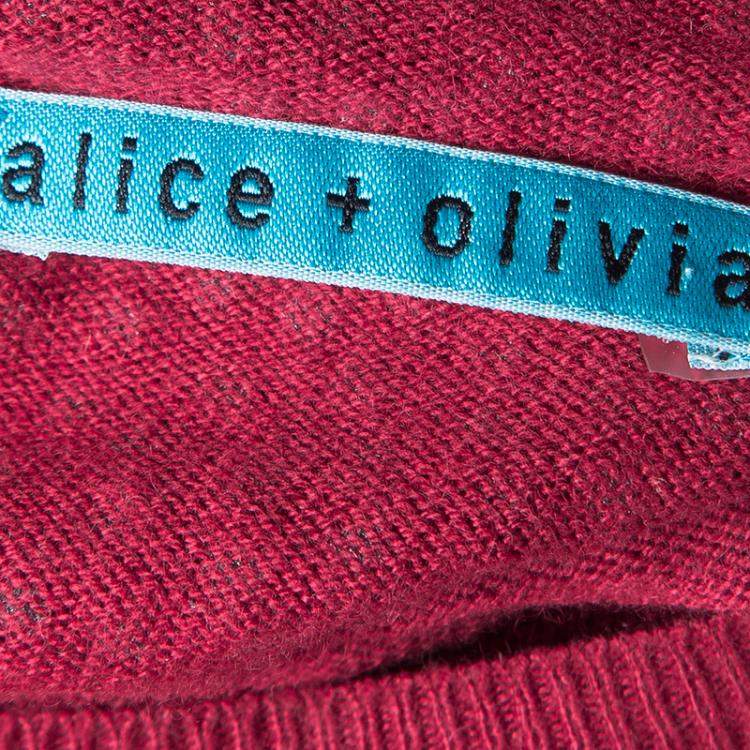 Pre Owned Alice + Olivia Red Knit Hot Fix Crystal Embellished Cropped Sweater XS