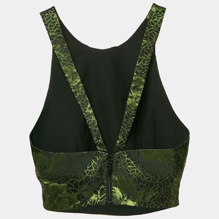 Pre Owned Alice + Olivia Black/Green Rose Jacquard Crop Top S