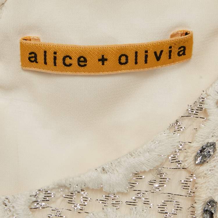 Pre Owned Alice + Olivia White Studded Lurex Lace Sleeveless Mini Dress M