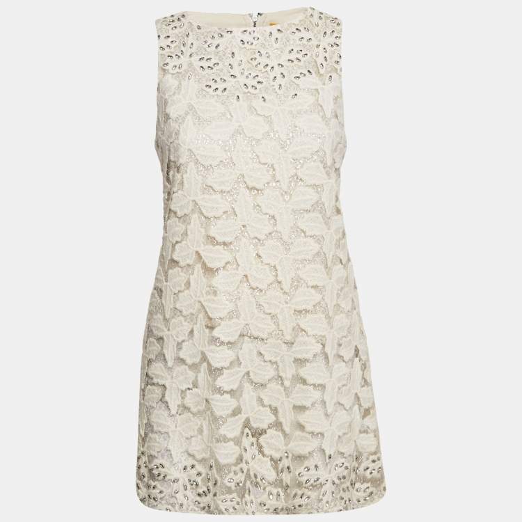 Pre Owned Alice + Olivia White Studded Lurex Lace Sleeveless Mini Dress M