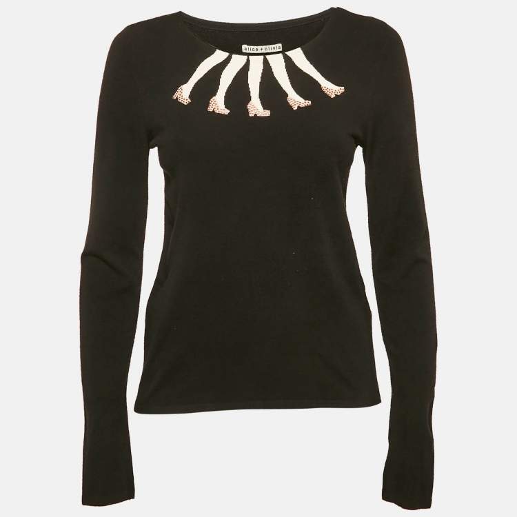 Pre Owned Alice + Olivia Black Intarsia Legs Jersey Long Sleeve Sweater M