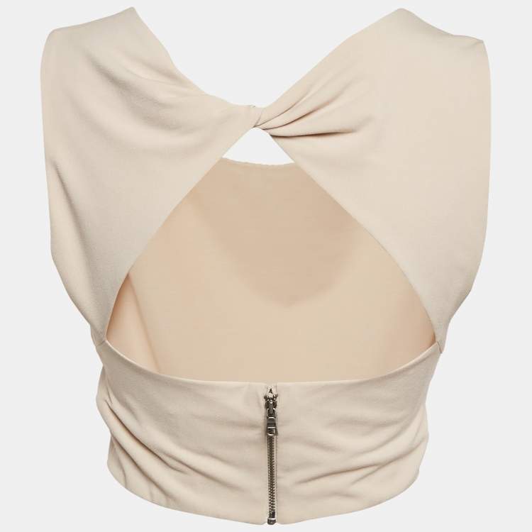 Pre Owned Alice + Olivia Air Beige Stretch Crepe Back Open Crop Top M