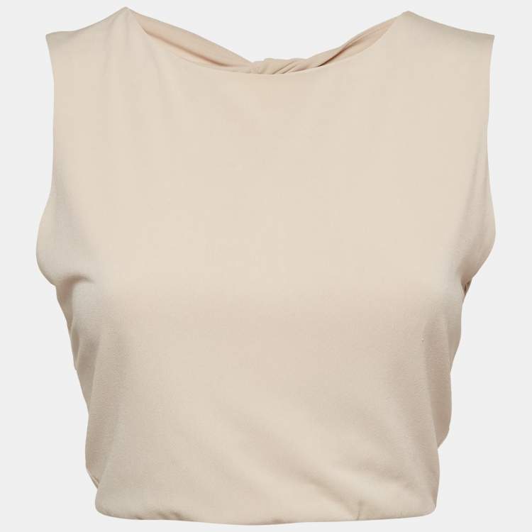 Pre Owned Alice + Olivia Air Beige Stretch Crepe Back Open Crop Top M