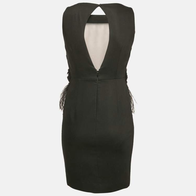 Pre Owned Alice + Olivia Black Feather Trim Crepe Marigay Rosette Peplum Dress S