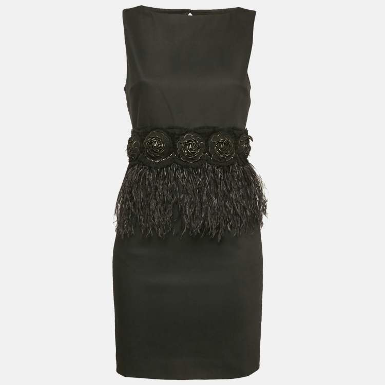 Pre Owned Alice + Olivia Black Feather Trim Crepe Marigay Rosette Peplum Dress S