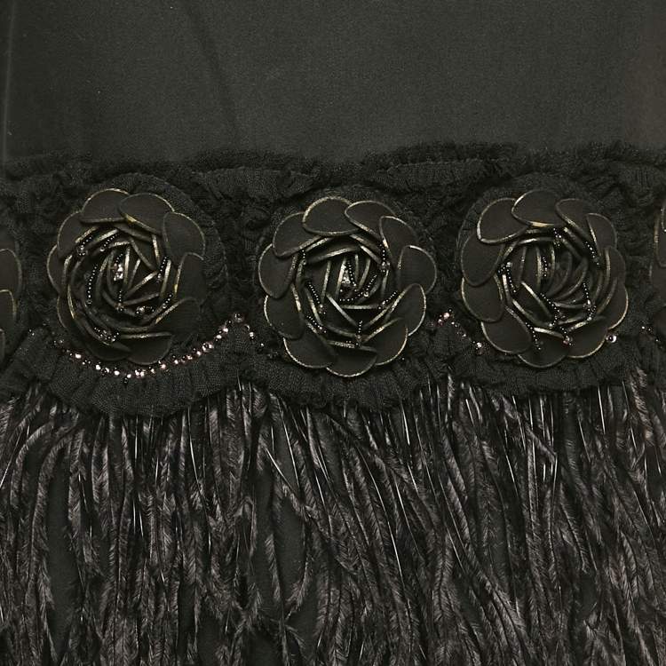 Pre Owned Alice + Olivia Black Feather Trim Crepe Marigay Rosette Peplum Dress S