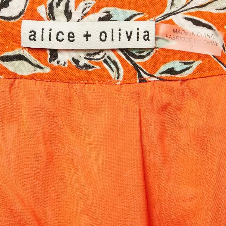 Pre Owned Alice + Olivia Orange Lilian Floral Linen Blend Belted Mini Dress S
