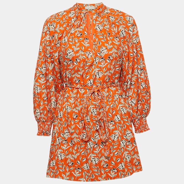 Pre Owned Alice + Olivia Orange Lilian Floral Linen Blend Belted Mini Dress S