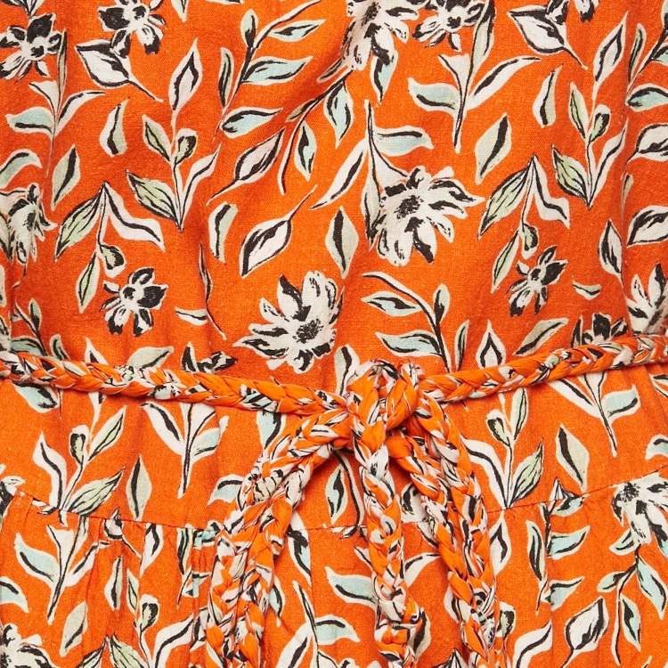 Pre Owned Alice + Olivia Orange Lilian Floral Linen Blend Belted Mini Dress S