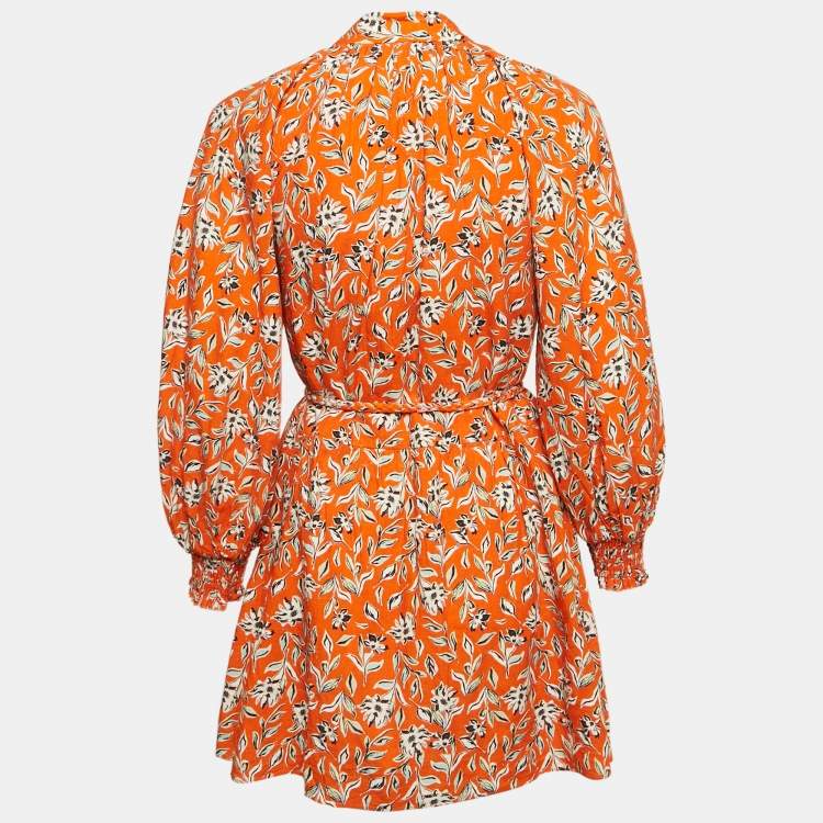 Pre Owned Alice + Olivia Orange Lilian Floral Linen Blend Belted Mini Dress S