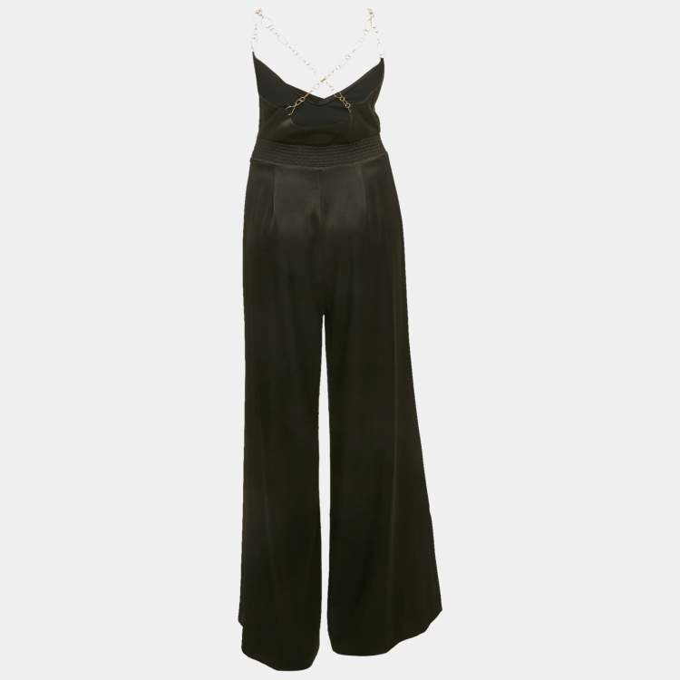 Pre Owned Alice + Olivia Black Satin Metal Strap Detail Jumpsuit M