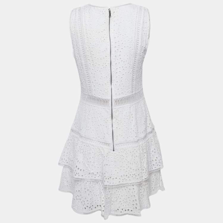 Pre Owned Alice + Olivia White Broderie Anglaise Modal Tiered Mini Dress L